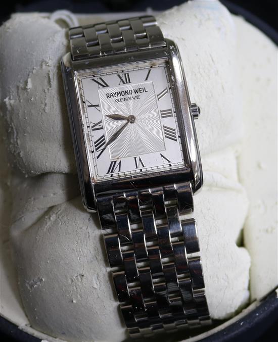A Raymond Weil stainless steel wrist watch, boxed.